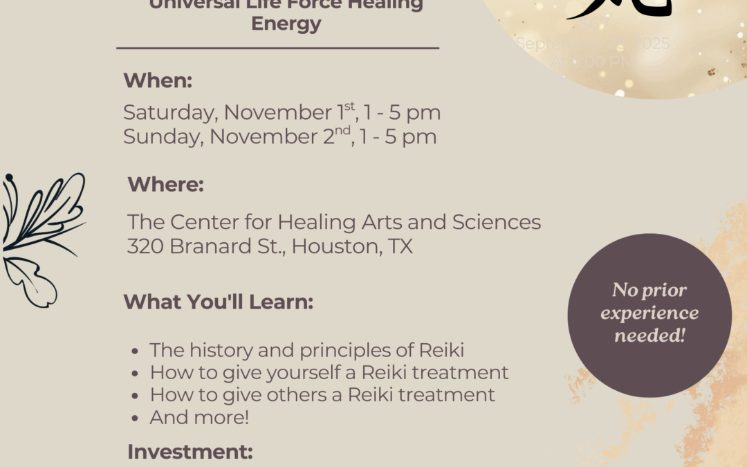 First Degree Reiki – Intensive Workshop Sa Nov1 & Su Nov2 1pm-5pm at the Center
